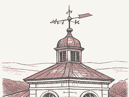 Decorative drawing: a wrought-iron weathervane on a cupola roof. Not a photograph of this place.