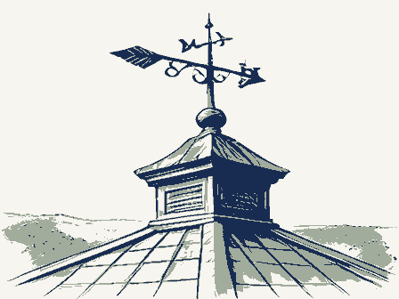 Decorative drawing: a wrought-iron weathervane on a cupola roof. Not a photograph of this place.