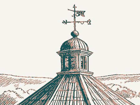 Decorative drawing: a wrought-iron weathervane on a cupola roof. Not a photograph of this place.
