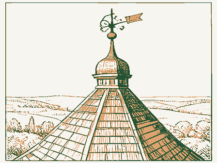 Decorative drawing: a wrought-iron weathervane on a cupola roof. Not a photograph of this place.
