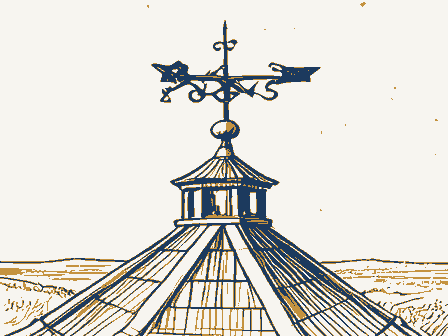 Decorative drawing: a wrought-iron weathervane on a cupola roof. Not a photograph of this place.