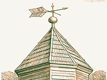 Decorative drawing: a wrought-iron weathervane on a cupola roof. Not a photograph of this place.