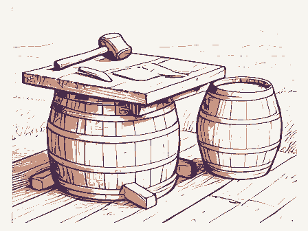 Decorative drawing: a cooper's workbench. Not a photograph of this place.