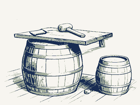 Decorative drawing: a cooper's workbench. Not a photograph of this place.