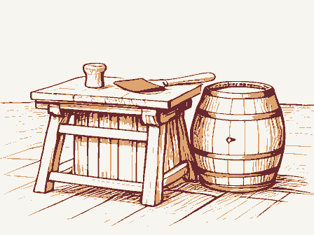 Decorative drawing: a cooper's workbench. Not a photograph of this place.