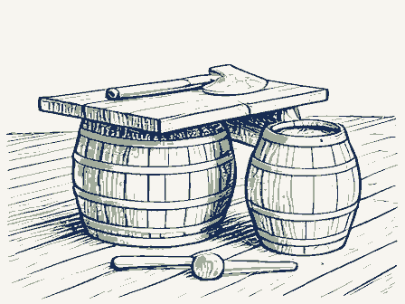 Decorative drawing: a cooper's workbench. Not a photograph of this place.