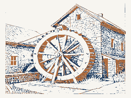 Decorative drawing: an overshot waterwheel turning beside a stone mill with a flume and a millrace. Not a photograph of this place.