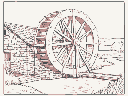 Decorative drawing: an overshot waterwheel turning beside a stone mill with a flume and a millrace. Not a photograph of this place.