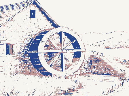 Decorative drawing: an overshot waterwheel turning beside a stone mill with a flume and a millrace. Not a photograph of this place.