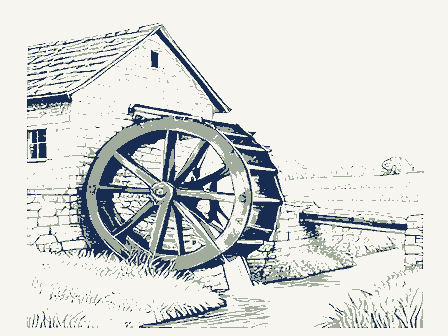 Decorative drawing: an overshot waterwheel turning beside a stone mill with a flume and a millrace. Not a photograph of this place.