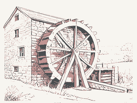 Decorative drawing: an overshot waterwheel turning beside a stone mill with a flume and a millrace. Not a photograph of this place.