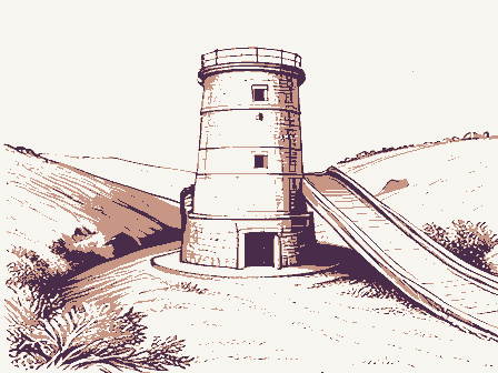 Decorative drawing: a lime kiln built into a hillside with a charging ramp. Not a photograph of this place.