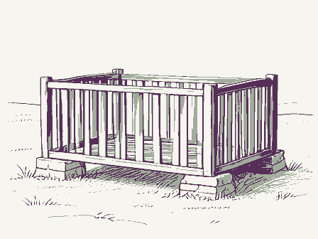 Decorative drawing: a slatted corn crib raised on stone piers. Not a photograph of this place.
