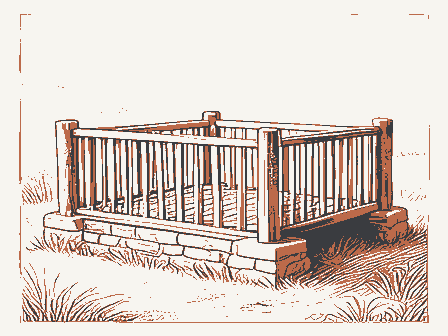 Decorative drawing: a slatted corn crib raised on stone piers. Not a photograph of this place.