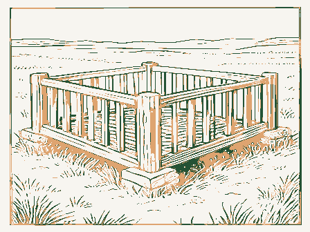 Decorative drawing: a slatted corn crib raised on stone piers. Not a photograph of this place.