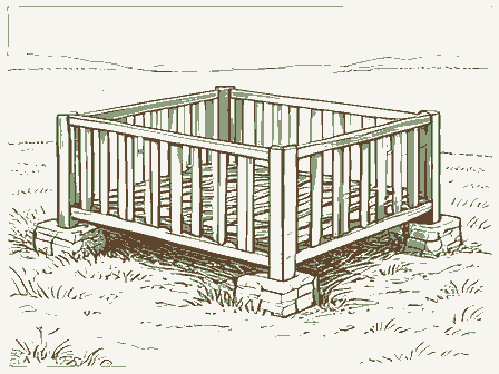 Decorative drawing: a slatted corn crib raised on stone piers. Not a photograph of this place.