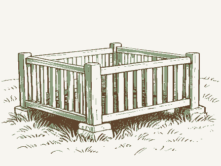 Decorative drawing: a slatted corn crib raised on stone piers. Not a photograph of this place.