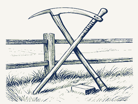 Decorative drawing: a long-bladed scythe with a curved wooden snath and two grips, its blade sweeping low,.... Not a photograph of this place.