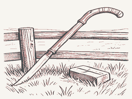 Decorative drawing: a long-bladed scythe with a curved wooden snath and two grips, its blade sweeping low,.... Not a photograph of this place.