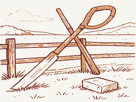 Decorative drawing: a long-bladed scythe with a curved wooden snath and two grips, its blade sweeping low,.... Not a photograph of this place.