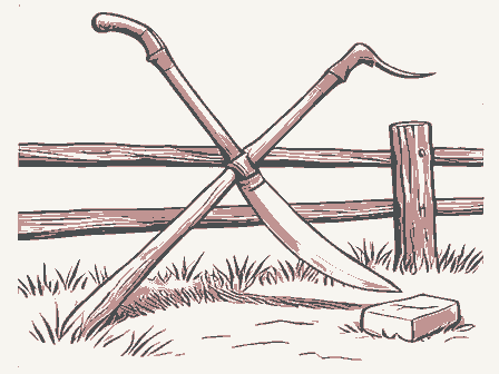 Decorative drawing: a long-bladed scythe with a curved wooden snath and two grips, its blade sweeping low,.... Not a photograph of this place.