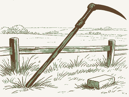 Decorative drawing: a long-bladed scythe with a curved wooden snath and two grips, its blade sweeping low,.... Not a photograph of this place.