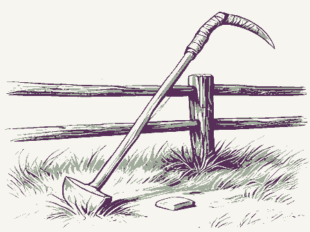 Decorative drawing: a long-bladed scythe with a curved wooden snath and two grips, its blade sweeping low,.... Not a photograph of this place.