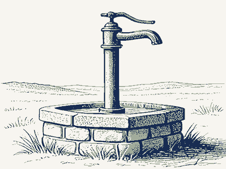 Decorative drawing: a cast-iron hand pump with a long curved lever handle and a spout, standing on a stone well.... Not a photograph of this place.