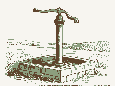 Decorative drawing: a cast-iron hand pump with a long curved lever handle and a spout, standing on a stone well.... Not a photograph of this place.