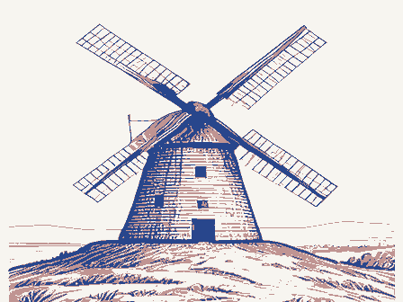 Decorative drawing: a smock windmill with a cap, tail pole and four sails on a rise. Not a photograph of this place.