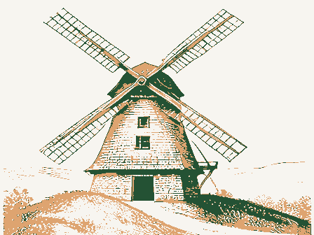Decorative drawing: a smock windmill with a cap, tail pole and four sails on a rise. Not a photograph of this place.