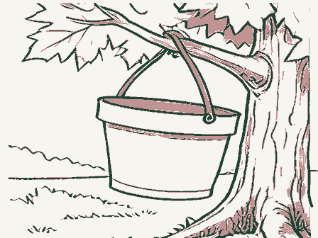 Decorative drawing: a sap bucket hanging on a maple trunk. Not a photograph of this place.
