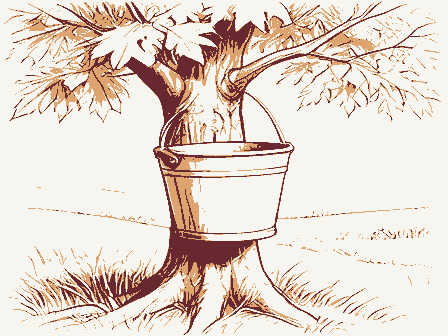 Decorative drawing: a sap bucket hanging on a maple trunk. Not a photograph of this place.