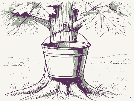 Decorative drawing: a sap bucket hanging on a maple trunk. Not a photograph of this place.