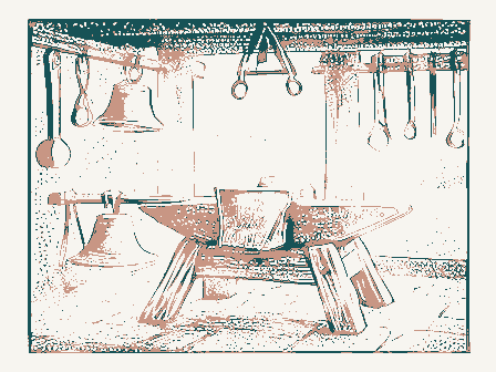 Decorative drawing: a blacksmith's shop: an anvil on its timber block under a rack of hanging tongs and hammers. Not a photograph of this place.