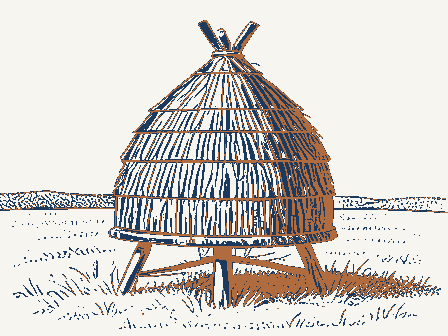 Decorative drawing: a straw beehive skep on a stand. Not a photograph of this place.