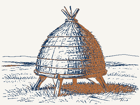 Decorative drawing: a straw beehive skep on a stand. Not a photograph of this place.