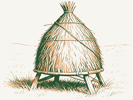 Decorative drawing: a straw beehive skep on a stand. Not a photograph of this place.