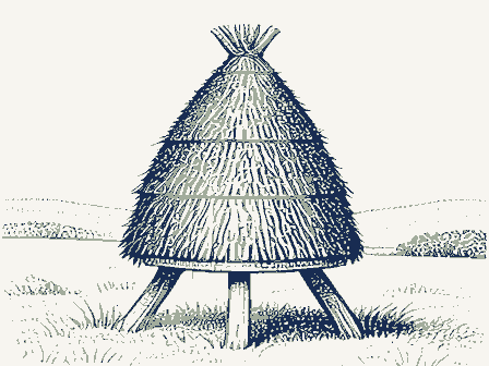 Decorative drawing: a straw beehive skep on a stand. Not a photograph of this place.