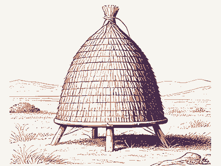 Decorative drawing: a straw beehive skep on a stand. Not a photograph of this place.