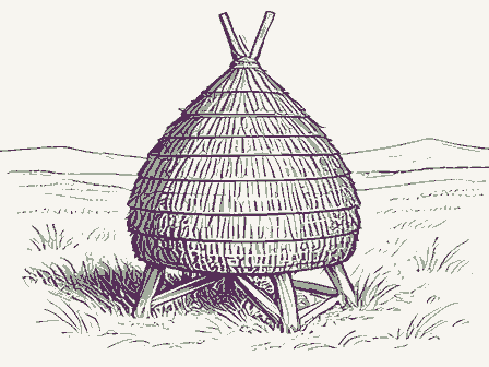 Decorative drawing: a straw beehive skep on a stand. Not a photograph of this place.