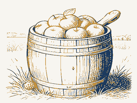 Decorative drawing: a barrel of apples with a wooden scoop. Not a photograph of this place.