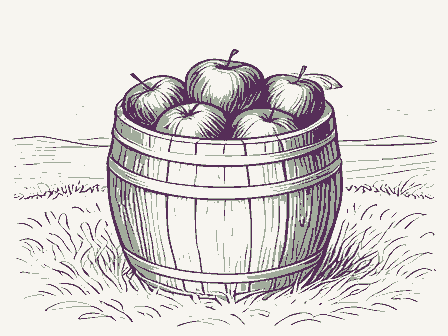Decorative drawing: a barrel of apples with a wooden scoop. Not a photograph of this place.