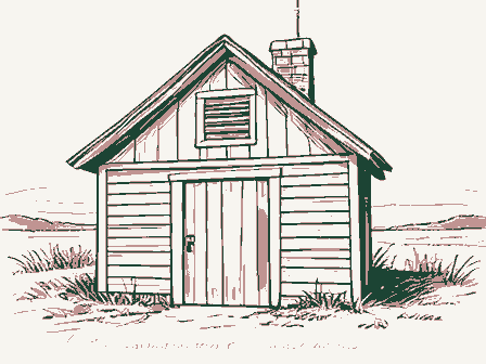 Decorative drawing: a smokehouse with a louvered gable and a hanging hook. Not a photograph of this place.
