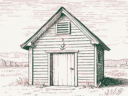Decorative drawing: a smokehouse with a louvered gable and a hanging hook. Not a photograph of this place.