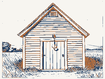 Decorative drawing: a smokehouse with a louvered gable and a hanging hook. Not a photograph of this place.