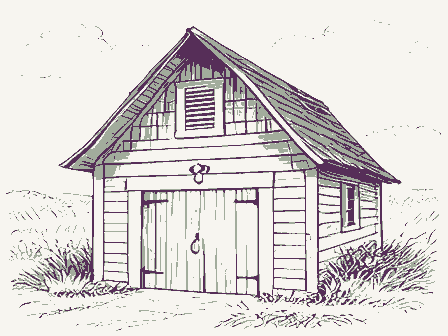 Decorative drawing: a smokehouse with a louvered gable and a hanging hook. Not a photograph of this place.