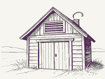 Decorative drawing: a smokehouse with a louvered gable and a hanging hook. Not a photograph of this place.