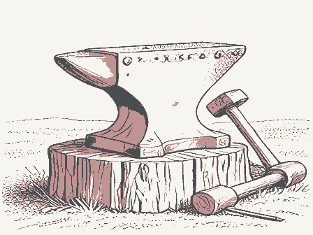 Decorative drawing: a blacksmith's anvil, its horn and square heel clearly shown, bolted to a timber block, with.... Not a photograph of this place.