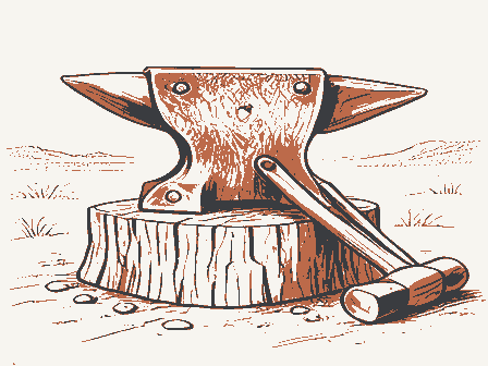 Decorative drawing: a blacksmith's anvil, its horn and square heel clearly shown, bolted to a timber block, with.... Not a photograph of this place.